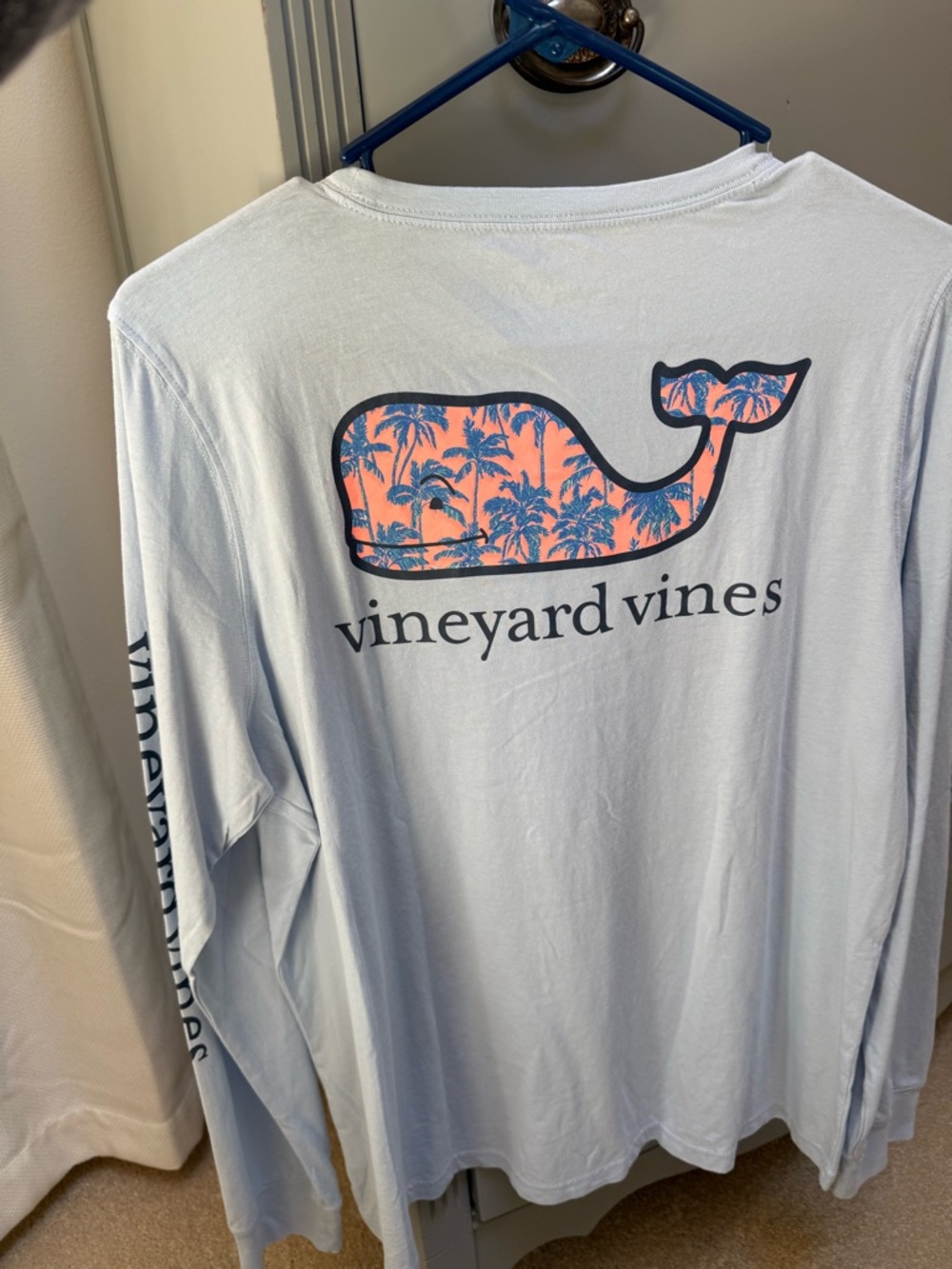 Vineyard Vines Light Blue Pocket Tee with Pink Patterned Whale & Palm Trees.
